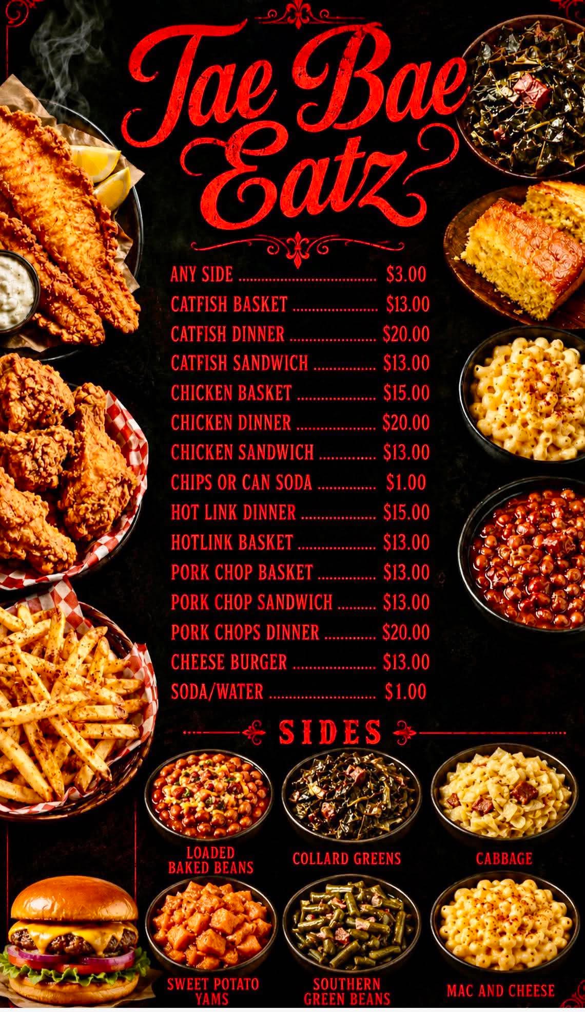 Full Tae Bae Eatz menu board listing all dishes, prices and sides