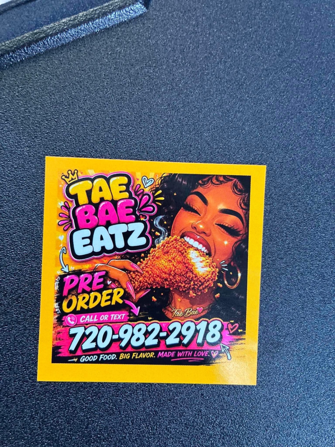 Tae Bae Eatz pre-order flyer with phone number 720-982-2918